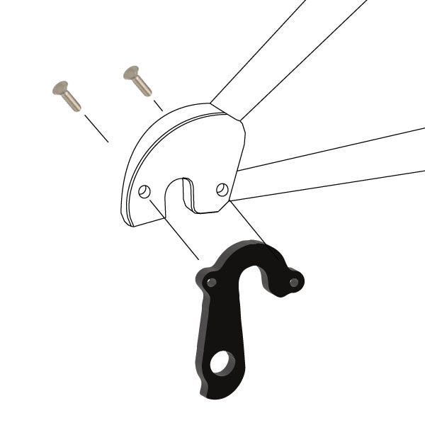 Hanger #113 attaches to the rear dropout from the outside or derailleur side using two M4x8 flat head screws.-35391555371176 main