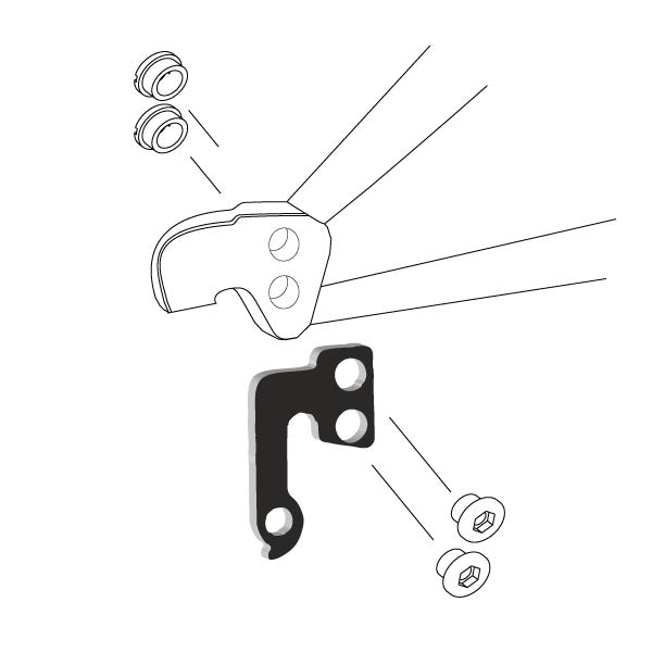 Hanger #15 attaches to the rear dropout from the outside or derailleur side using two M8 chainring bolt.-35391543673000 main