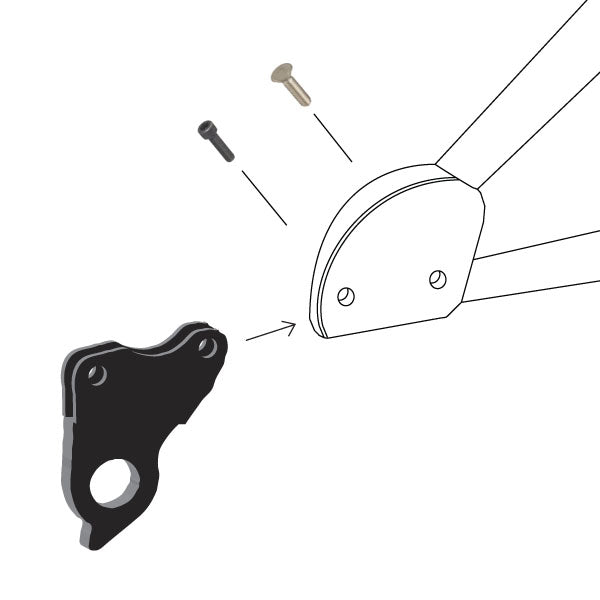 Hanger #169 "sandwiches" the frame's rear dropout using one M4x12 socket head screw and one M4x12 flat head screw.-35391632572584 main