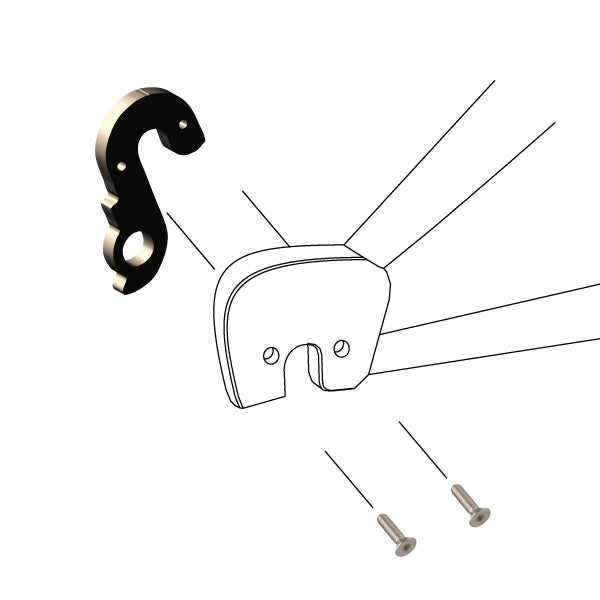 Hanger #195 attaches to the frame's rear dropout from the inside, or hub side, using two M3x8 screws.-35391651807400 main