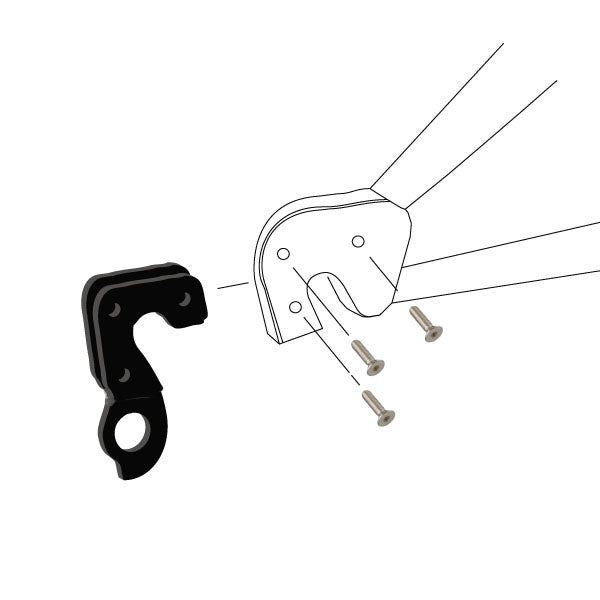 Hanger #28 attaches to the frame's rear dropout using two plates that slide over the dropout on each side, and is secured using three M3x10 flat head screws.-35391538856104 main