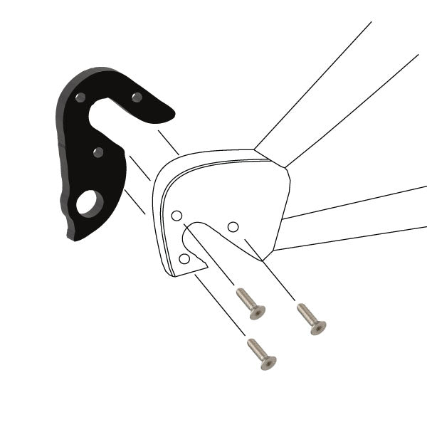 Hanger #89 attaches to the rear dropout from the inside or hub side using three M4x8 flat head screws.-35391539740840 main