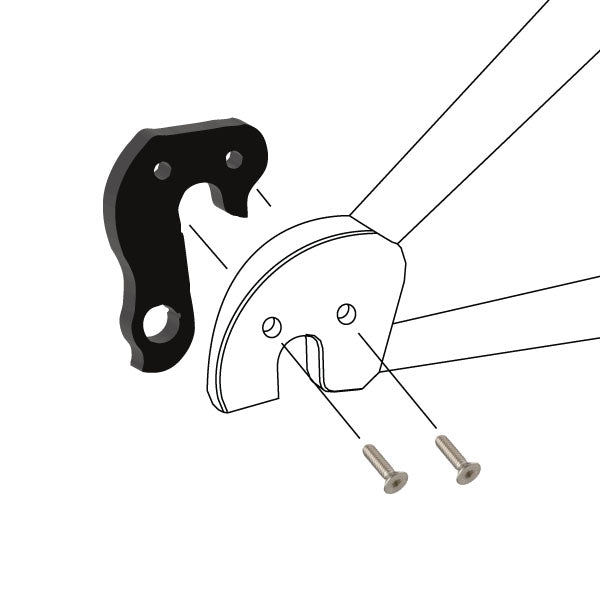 Hanger #99 attaches to the rear dropout from the inside or hub side using two M5x8 flat head screws.-35391554453672 main